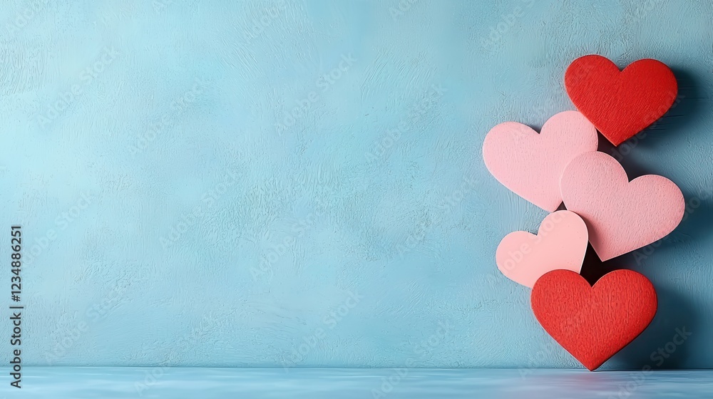 Colorful hearts on a blue background create a charming and festive atmosphere. Colorful hearts on a blue background create a charming and festive atmosphere.