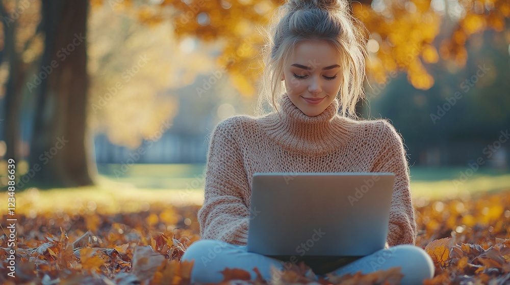 young caucasian woman working on a laptop in the park during the autumn season, taking advantage of the outdoors and nature to stay productive under the tree shade young caucasian woman working on a laptop in the park during the autumn season, taking advantage of the outdoors and nature to stay productive under the tree shade