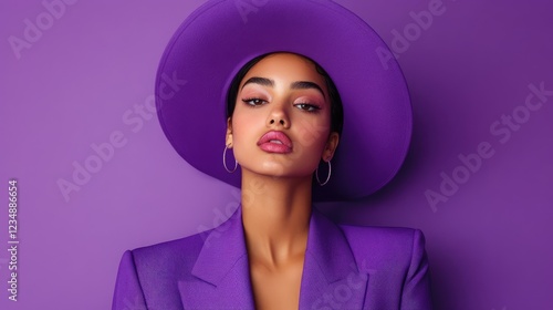 Portrait of beautiful young woman in purple suit and purple hat on purple background