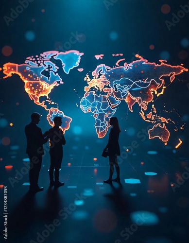 global business concept Digital world map with glowing blue and orange lines, silhouettes of people, and futuristic data network visuals, representing modern technology and global collaboration