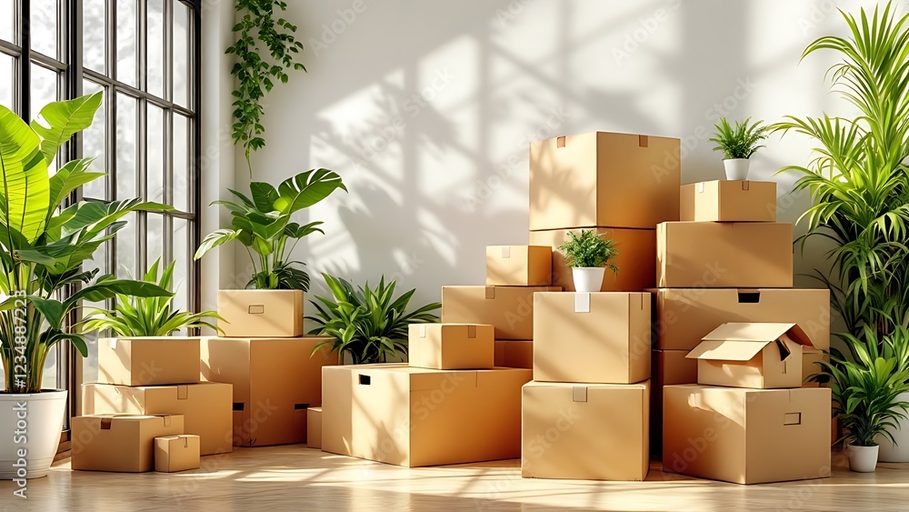 Cardboard boxes in an office lobby symbolize corporate relocation and transition. Cardboard boxes in an office lobby symbolize corporate relocation and transition.