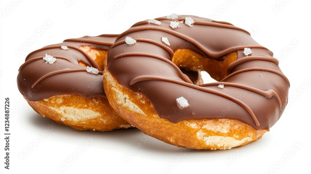 Two Chocolate Glazed Doughnuts with Sea Salt on White Background Two Chocolate Glazed Doughnuts with Sea Salt on White Background