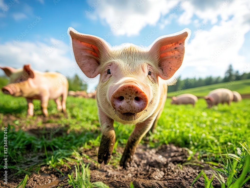 Happy Free-Range Pigs Enjoying Sunny Farm Life in Green Meadow with Mud Pits Happy Free-Range Pigs Enjoying Sunny Farm Life in Green Meadow with Mud Pits