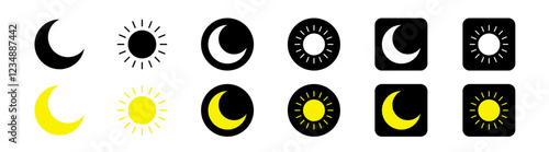 Day and night mode switch icon set. Mobile app interface design concept. Day, night, sun and moon signs and symbols 