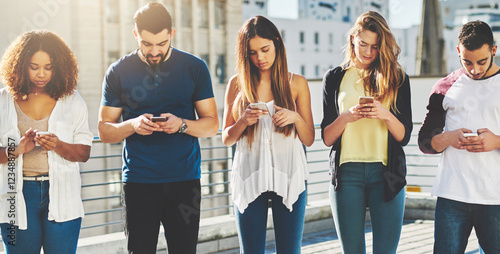 Town, people and typing on phone in row, virtual connection and group for online communication. Friends, line and diversity with digital chatting in urban city, internet and danger of social loss photo