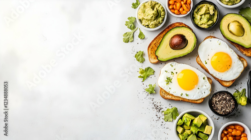 Delicious avocado toast with fried eggs, healthy breakfast