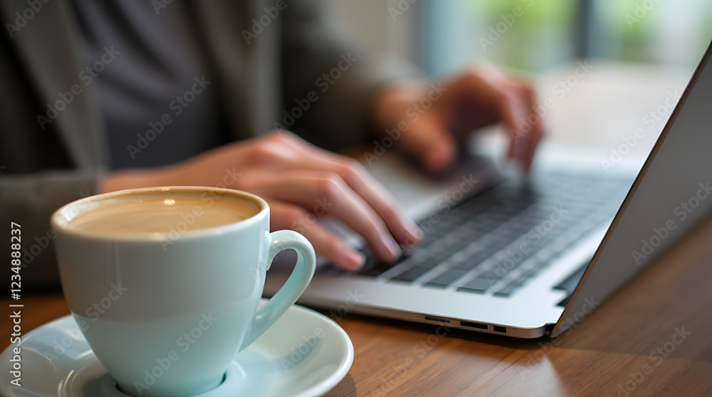 A close-up of hands typing on a laptop with a cup of coffee, showcasing productivity and remote work A close-up of hands typing on a laptop with a cup of coffee, showcasing productivity and remote work