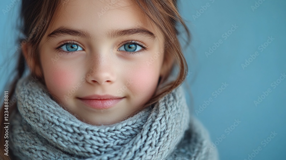 stylish young girl child dressed in a cozy scarf for winter warmth, smiling in a knitted fashion accessory portrait, captured in a cheerful and cozy studio shot stylish young girl child dressed in a cozy scarf for winter warmth, smiling in a knitted fashion accessory portrait, captured in a cheerful and cozy studio shot