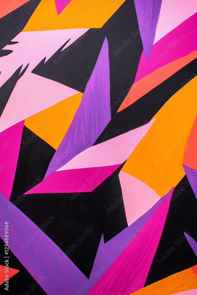 Obraz premium Vibrant abstract artwork featuring bold geometric shape in pink, orange, and purple on a black background