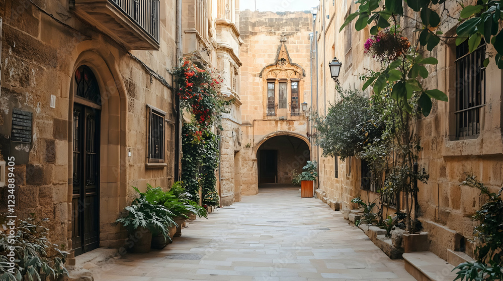 Obraz premium Narrow European street, old buildings, plants, sunny day, travel