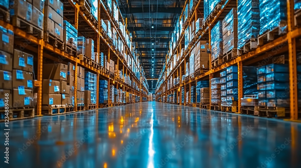 Vast Warehouse Interior: Rows of Pallets, Industrial Architecture, Logistics, Storage, Vast Warehouse Interior: Rows of Pallets, Industrial Architecture, Logistics, Storage,