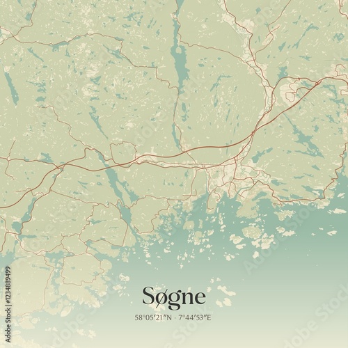 Vintage map of Søgne, Norway.