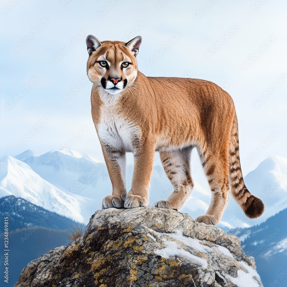 Obraz premium Majestic Cougar Stands on a Rocky Outcrop with Snowy Mountains - A majestic cougar poses on a rocky outcrop with snow-capped mountains in the backdrop, symbolizing strength, wilderness, beauty