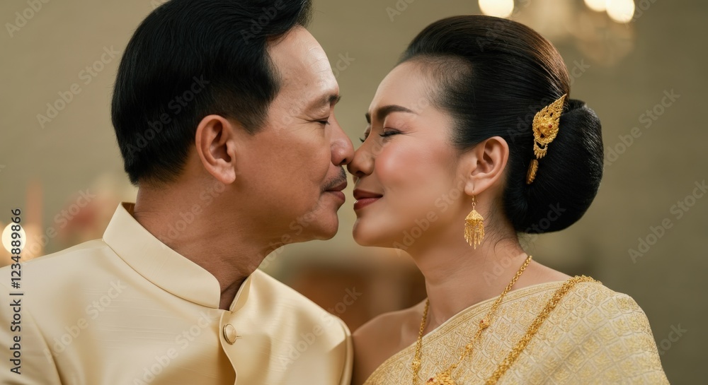 Romantic moment of traditional asian couple in elegant attire celebrating love Romantic moment of traditional asian couple in elegant attire celebrating love