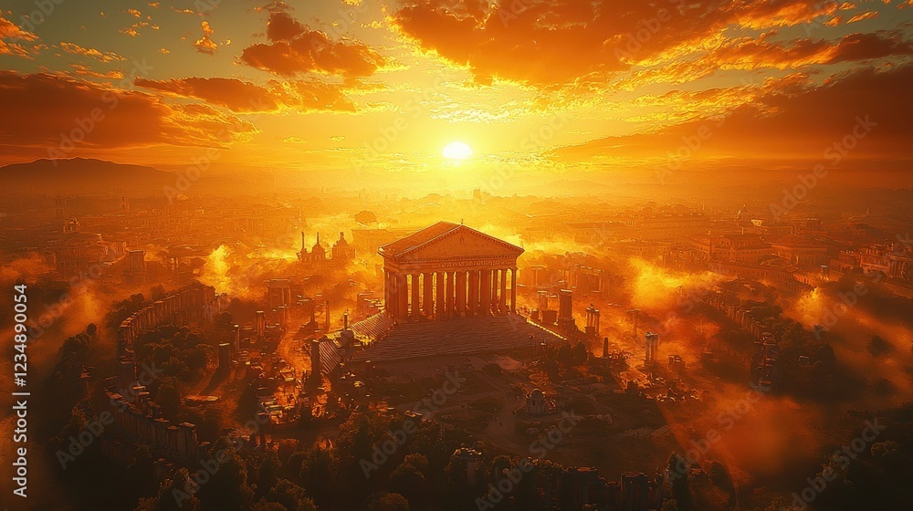 Fototapeta premium Ancient City Temple Sunset Golden Hour Vista