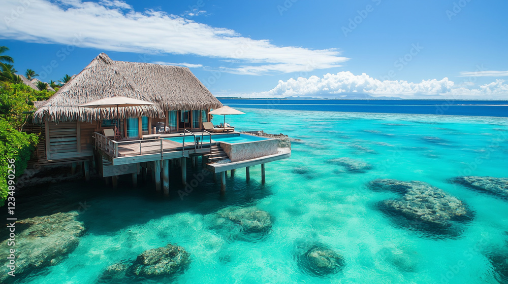 A luxurious overwater bungalow resort overlooking the endless turquoise sea. Ocean, relaxing, tropical A luxurious overwater bungalow resort overlooking the endless turquoise sea. Ocean, relaxing, tropical