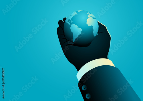 Businessmans hand holding a small globe, symbolizing control, leadership, and global influence. Concepts of corporate dominance, entrepreneurship, international business, and strategic expansion