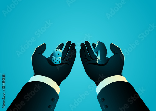 Businessman’s hand offering dice for gambling and a knight chess piece for strategy, symbolizing business decisions, risk-taking, and strategic planning