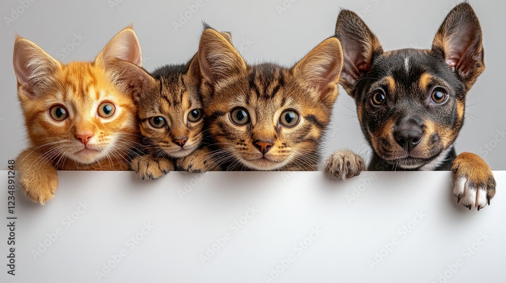 Four adorable kittens and a puppy peeking over a white surface. Four adorable kittens and a puppy peeking over a white surface.