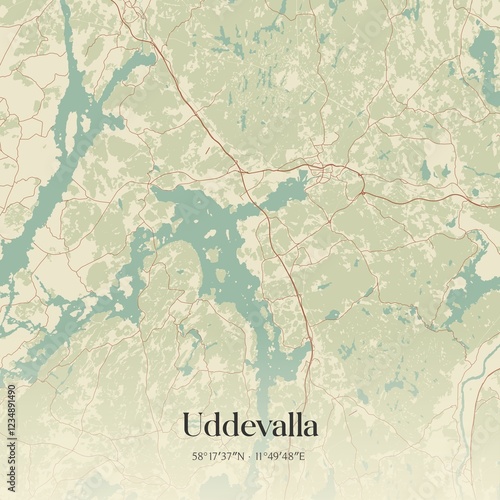 Vintage map of Uddevalla, Sweden. 