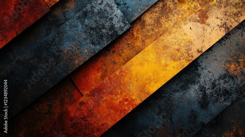 Black dark blue gray copper red brown burnt orange gold yellow abstract background. Color gradient ombre. Geometric shape. Stripe line angle. Rough noise grungy grain texture. Design. Template. Shine