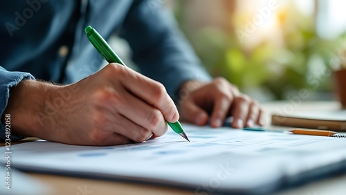 Corporate auditor reviewing sustainability reports in a modern office. ESG reporting and business analysis concept with focus on sustainability and corporate governance. photo