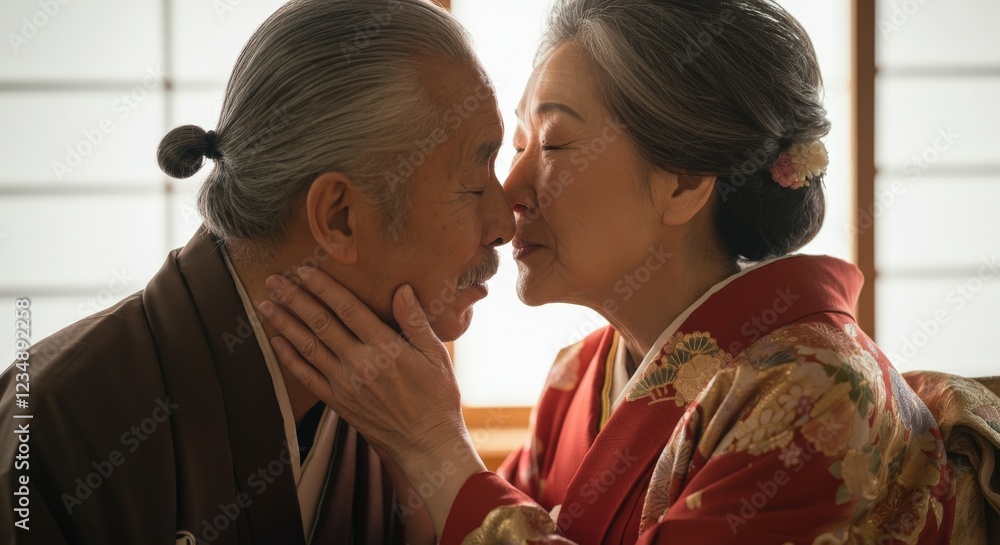 Elderly asian couple in traditional kimono embracing love and companionship