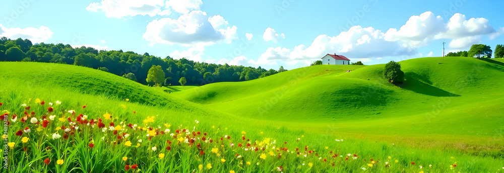 The breathtaking view of rolling hills is adorned with vibrant, blooming flowers and a bright, clear blue sky