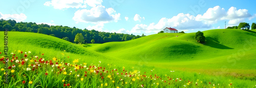 Obraz na płótnie The breathtaking view of rolling hills is adorned with vibrant, blooming flowers and a bright, clear blue sky w salonie