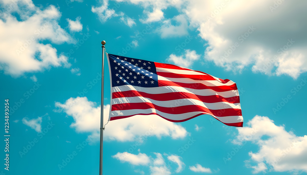 American flag - star and stripes floating over a cloudy blue sky, vibrant, with white tones American flag - star and stripes floating over a cloudy blue sky, vibrant, with white tones