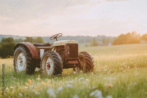 Old rusty tractor standing in a green meadow with wildflowers at sunset, symbolizing rural life, agriculture, and nostalgia for traditional farming practices