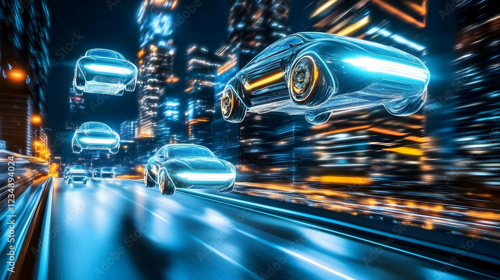 Futuristic cars flying on city highway at night Futuristic cars flying on city highway at night