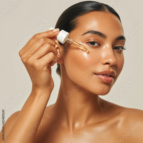 A tan young woman with flawless, radiant skin applying a skincare serum to her face