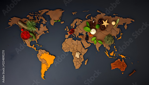 Spices and herbs around the world in the shape of a world map on a dark background. Top view. Creative photo banner, mindfulness theme, with white tones