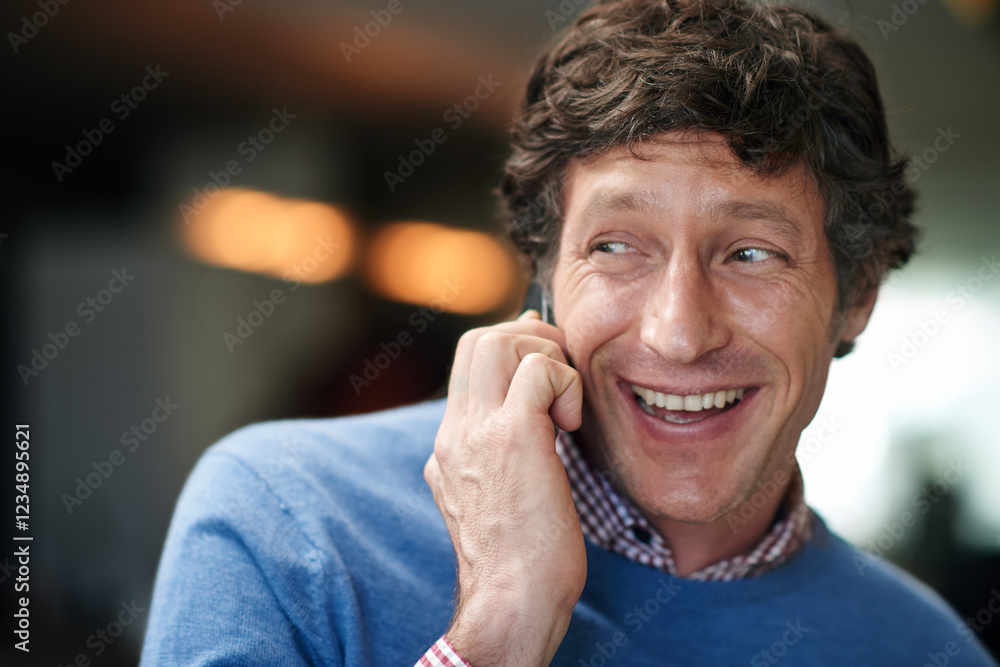 Man, laughing and phone call in office for communication, negotiation offer and speaking to client. Male person, online and discussion with business contact in workplace, financial consultant and app Man, laughing and phone call in office for communication, negotiation offer and speaking to client. Male person, online and discussion with business contact in workplace, financial consultant and app