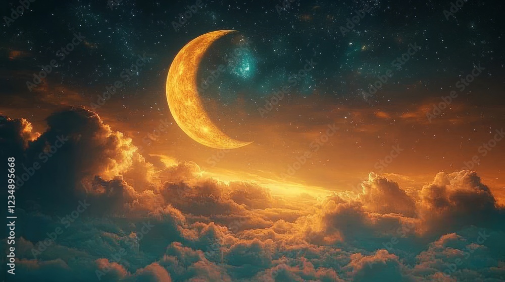 Fototapeta premium A Crescent Moon Glows Orange Above A Sea Of Clouds, Bathed In Warm Sunset Hues. Stars Twinkle In The Dark Sky, Creating A Dreamy, Peaceful Atmosphere.