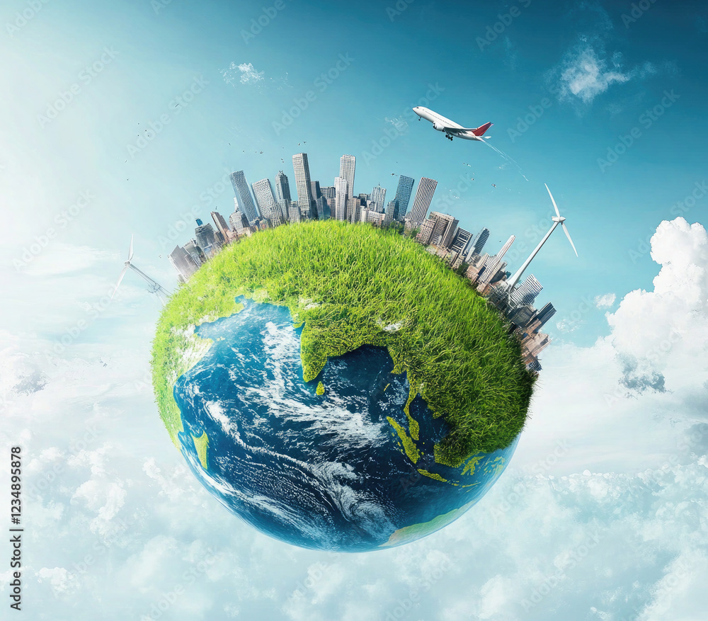 Naklejka premium Eco-Friendly City on a Green Planet with Renewable Energy and Airplane