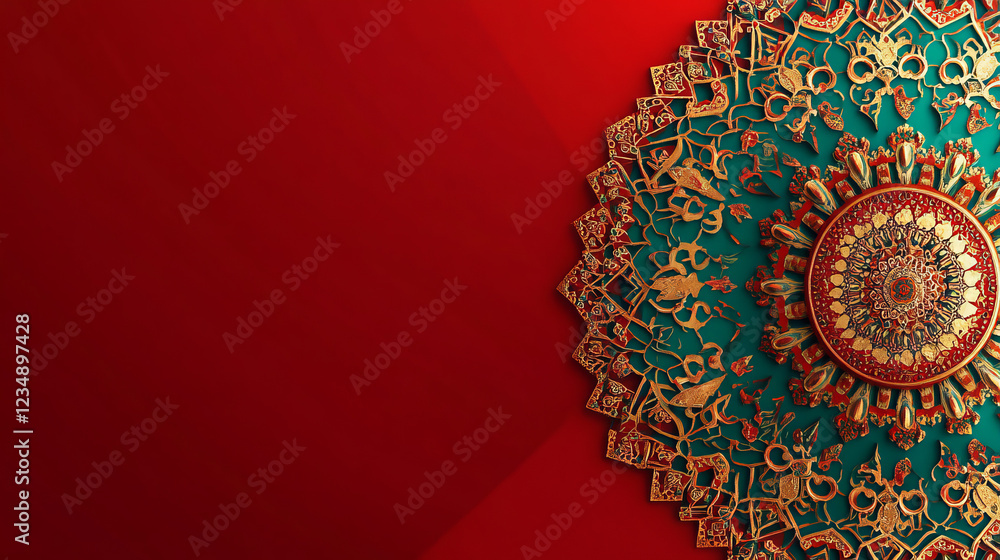 elegant luxury red and gold mandala background: intricate islamic geometric art and ornate persian design on teal and red for high-resolution wallpaper