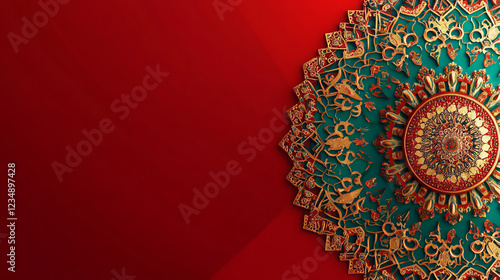 Obraz na płótnie elegant luxury red and gold mandala background: intricate islamic geometric art and ornate persian design on teal and red for high-resolution wallpaper w salonie