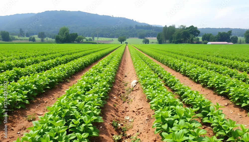 lush green field with rows of healthy plants growing, with white tones lush green field with rows of healthy plants growing, with white tones