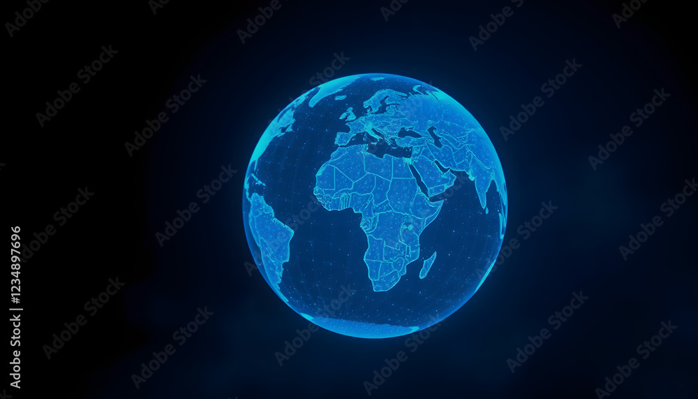 Creative glowing blue map or globe hologram on dark background. Earth, metaverse and technology concept. 3D Rendering, Diffused lighting, with white tones Creative glowing blue map or globe hologram on dark background. Earth, metaverse and technology concept. 3D Rendering, Diffused lighting, with white tones