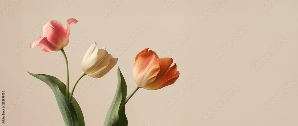 Elegant Three Tulips on a Minimalist Background – Spring Floral Composition. Perfect for Birthday or Mother's Day. Elegant Three Tulips on a Minimalist Background – Spring Floral Composition. Perfect for Birthday or Mother's Day.