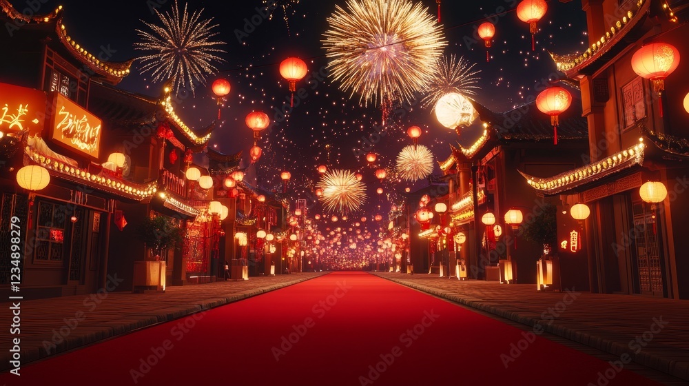 Red Carpet Celebration with Fireworks for Chinese New Year - A lively street adorned with red lanterns and fireworks, symbolizing joy, prosperity, tradition Red Carpet Celebration with Fireworks for Chinese New Year - A lively street adorned with red lanterns and fireworks, symbolizing joy, prosperity, tradition