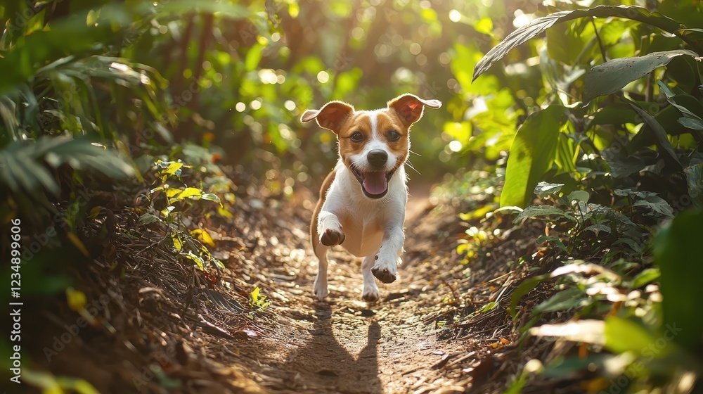 Fototapeta premium Energetic Jack Russell Running with Owner on Trail
