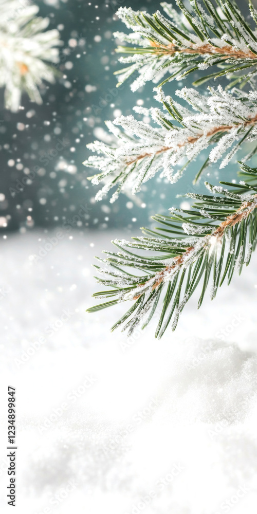 Obraz premium Snow covered evergreen branches with falling snowflakes serene winter scenery