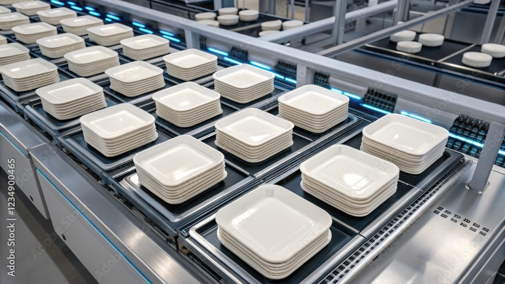 Fototapeta premium Many stacks of square white plates are moving on a conveyor belt in a modern food factory, representing the automation and efficiency of industrial food production