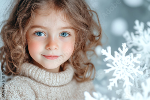 Caucasian child with curly hair enjoying winter surrounded by snowflakes indoors cozy atmosphere photo