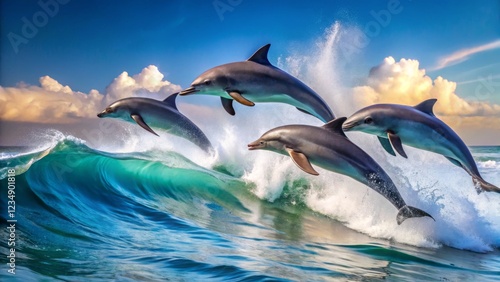 Dolphins Leaping Over Waves Under a Bright Sky at Sunset photo