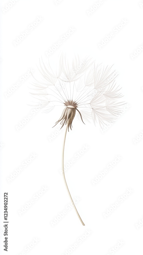 A delicate dandelion seed head floats gently on a white background A delicate dandelion seed head floats gently on a white background