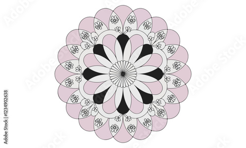 A minimalistic floral mandala design with a white background. The mandala